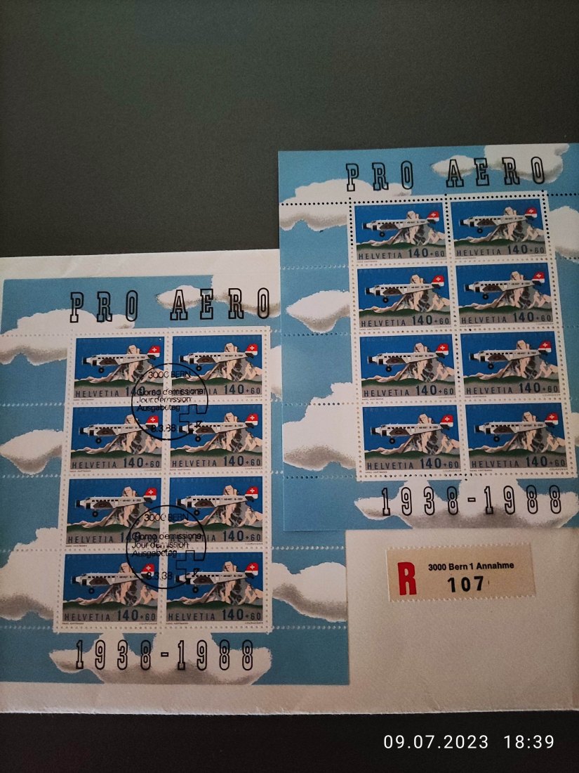  Schweiz 50 Jahre Pro Aero-Flug 1988 Kleinbogen, FDC und 5 echt beförderte Flugbriefe   