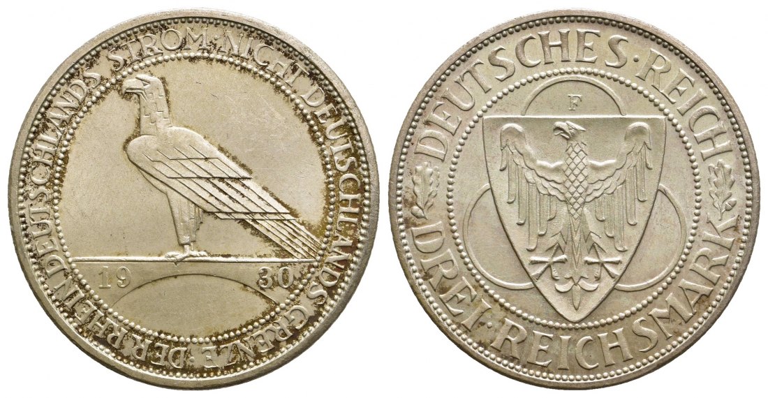 PEUS 9363 Weimarer Republik Zur Rheinland-Räumung 3 Reichsmark 1930 F Verfärbungen, fast Stempelglanz
