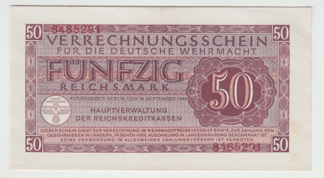  Ro. 514, Wehrmachtsausgabe 2 Weltkrieg, 50 Reichsmark, Erhaltung I Kassenfrisch   