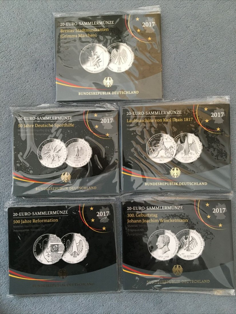  Deutschland* / 5 x 20 Euro 2017 20-Euro-Sammlermünzenset Komplettsatz Spiegelglanz   