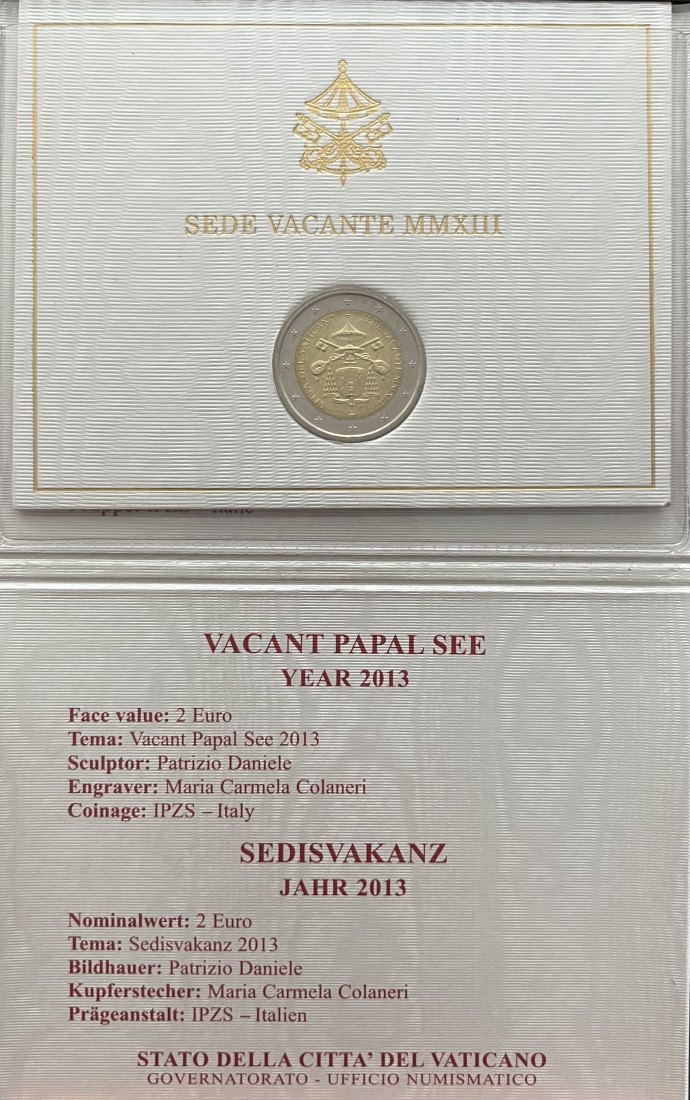  offizielle 2 € Vatikan Sede Vacante 2013 original im Folder   