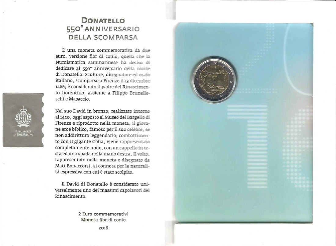  San Marino 2 Euro Gedenkmünze Donatello 2016 Frank Maurer Koblenz AL411   