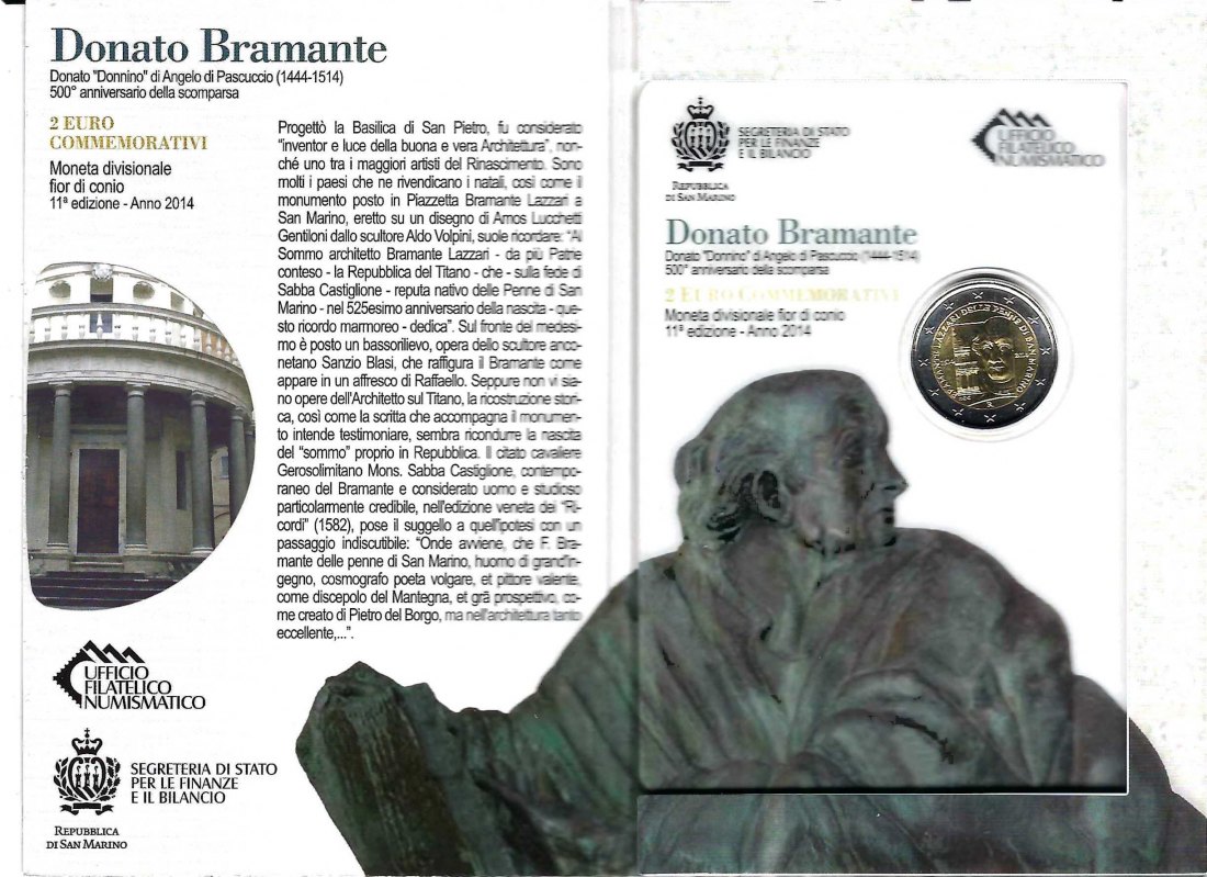 San Marino 2 Euro Gedenkmünze Donato Bramante 2014 Frank Maurer Koblenz AB323   