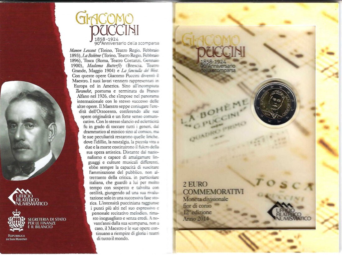  San Marino 2 Euro Gedenkmünze Giacomo Puccini 2014 Frank Maurer Koblenz AL409   