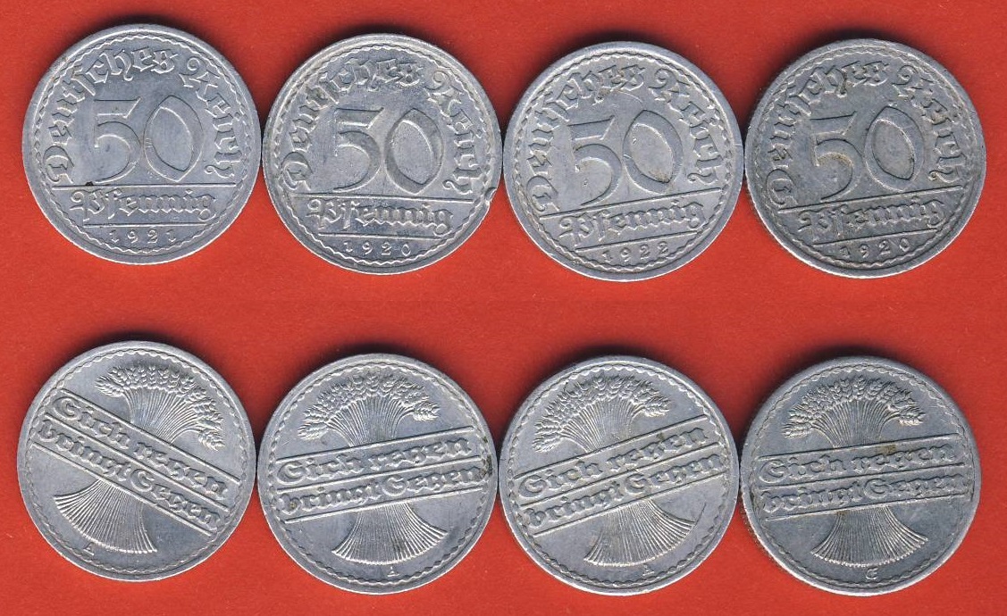  Weimarer Republik 4x 50 Pfennig 1920A, 1920 E, 1921A, + 1922A.   