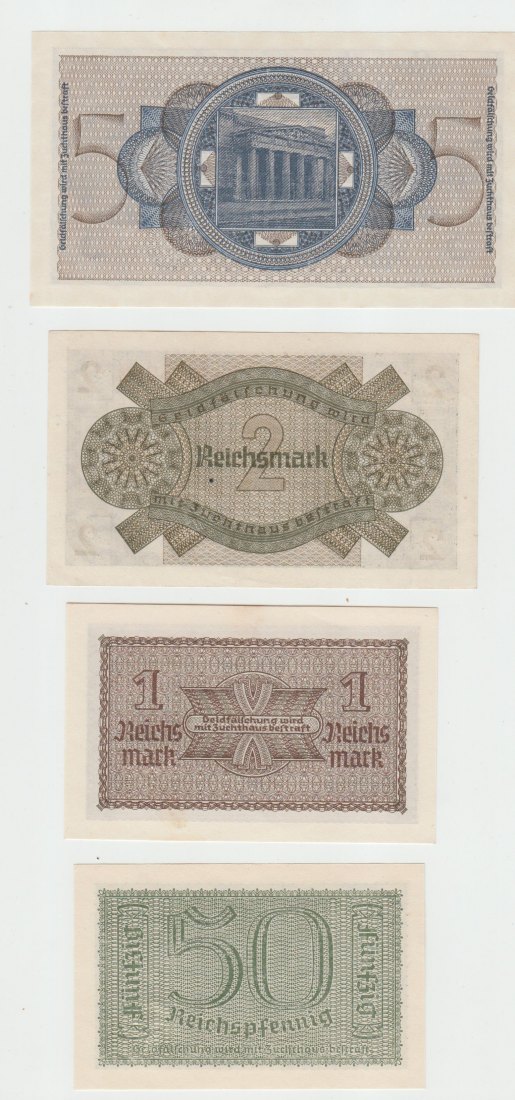  Lot Ro. 550a bis 553a, Besatzungsausgaben 2 Weltkrieg, Reichskreditkassenscheine,kassenfrisch   