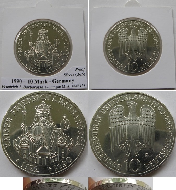  1990,Germany, 10 Mark(F)- F.Barbarossa,silver coin,proof   