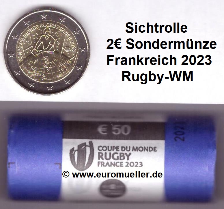 Frankreich Rolle 2 Euro Gedenkmünze 2023...Rugby-WM   