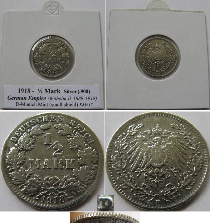  1918, Deutsches Reich, ½ Mark, D, Silbermünze (Typ 2 - kleiner Schild)   