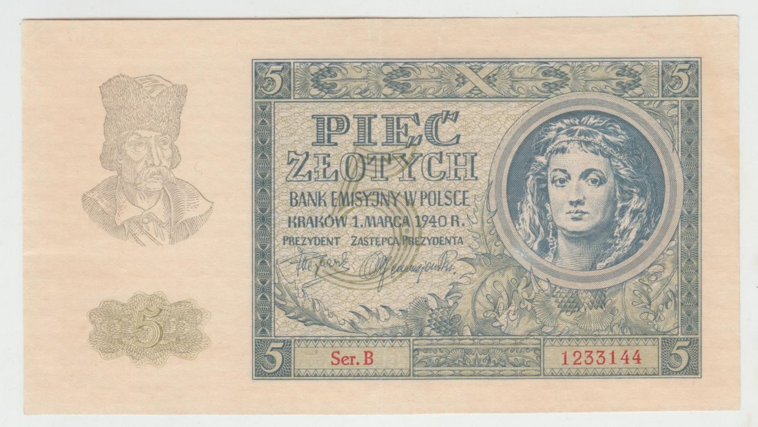 Ro. 573, Besatzungsausgaben 2 Weltkrieg, Generalgouvernement Polen, 5 Zlotych, leicht gebraucht II