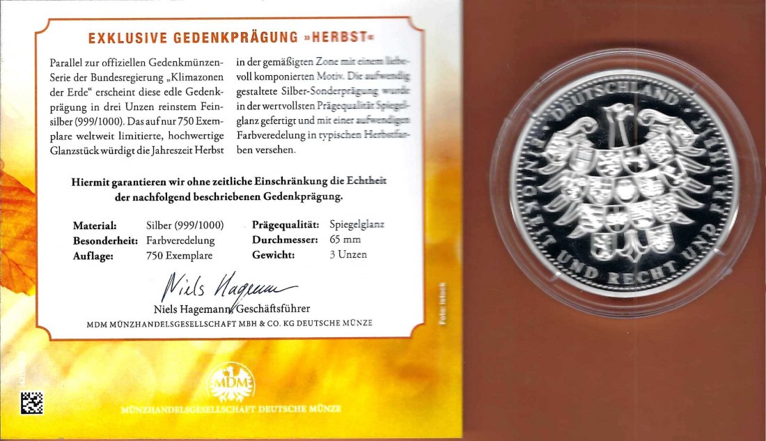  Deutschland Medaille Herbst 3oz Silber selten PP GoldenGate Münzenankauf Koblenz Frank Maurer X424   