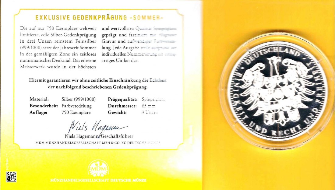  Deutschland Medaille Sommer 3oz Silber selten PP GoldenGate Münzenankauf Koblenz Frank Maurer X425   