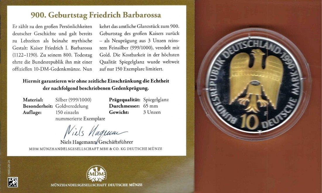  Medaille Barbarossa 3oz Silber selten PP Golden Gate Münzenankauf Koblenz Frank Maurer X429   