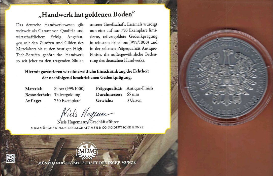  Medaille Deutsches Handwerk 3oz Silber selten PP Golden Gate Münzenankauf Koblenz Frank Maurer X430   
