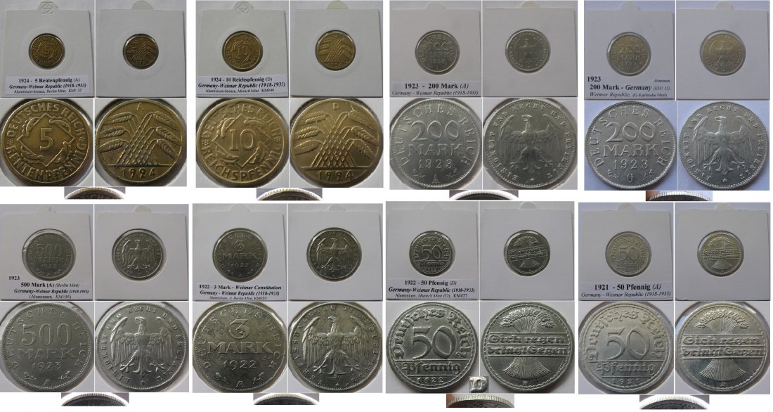  1921-1924, Deutschland (Weimarer Republik), ein Satz von 8 Stück 5 Pf-500 Mark Münzen   