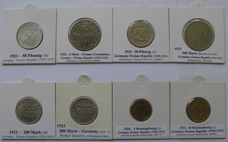  1921-1924, Deutschland (Weimarer Republik), ein Satz von 8 Stück 5 Pf-500 Mark Münzen   