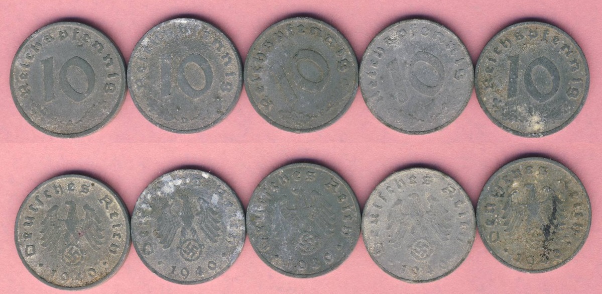  Drittes Reich 5x verschiedene 10 Reichspfennig 1940 A,D,F,G,+ J.   