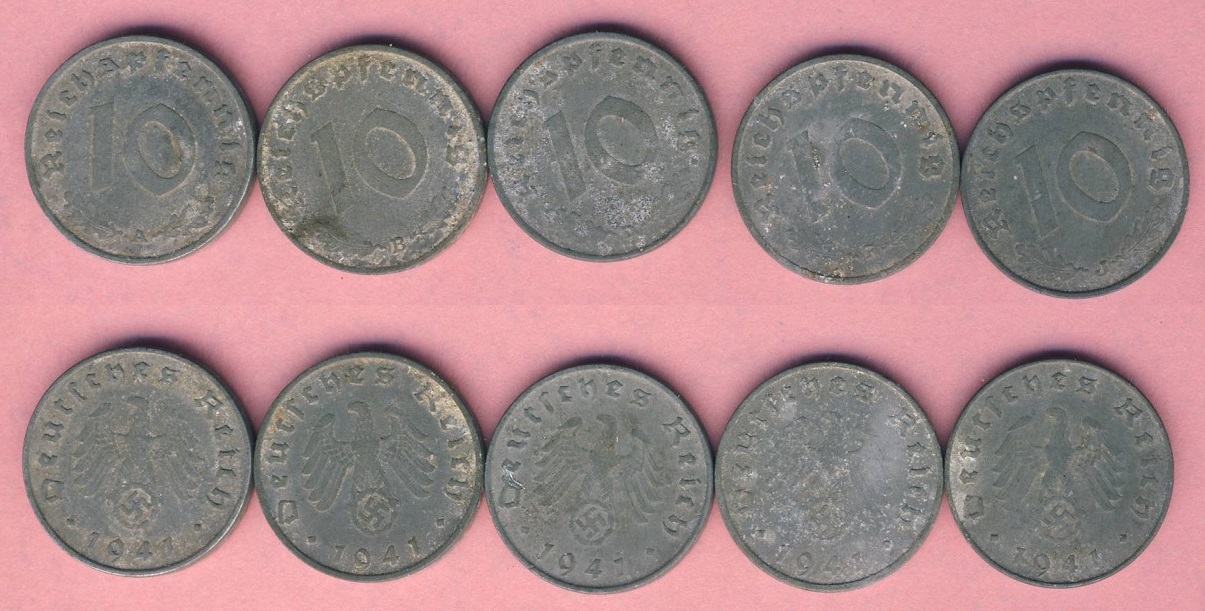  Drittes Reich 5x verschiedene 10 Reichspfennig 1941 A,B,D,F,+ G.   