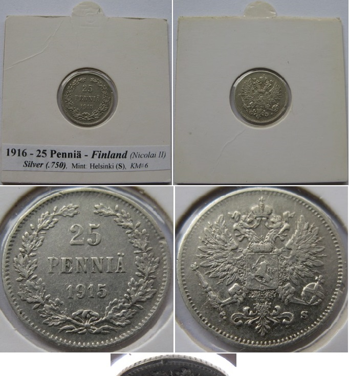  1916, Großherzogtum Finnland (Nikolai II.)-25 Penniä-Silbermünze   