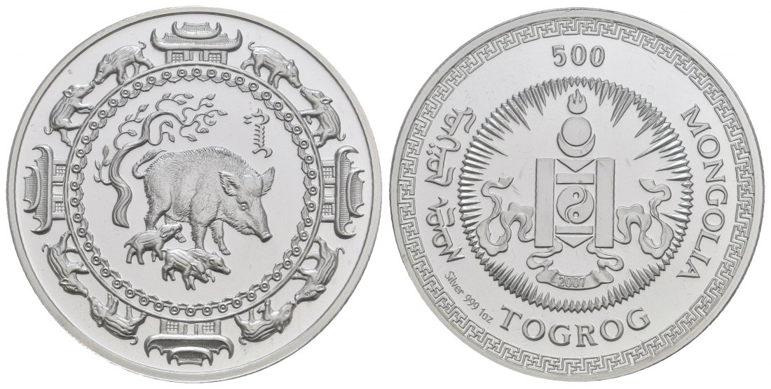 PEUS 9595 Mongolei 31,1 g Feinsilber. Jahr des Schweins 500 Tugrik SILBER Unze 2007 Proof (Kapsel)