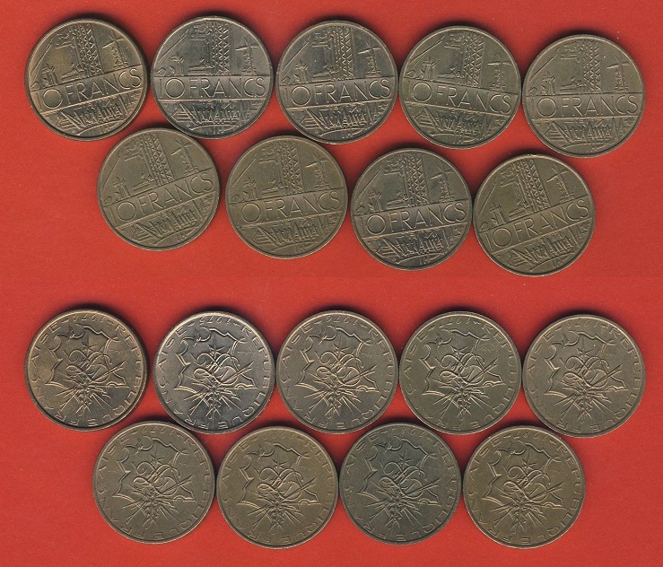  Frankreich 9x 10 Francs 1974,75,76,77,78,79,84 + 1987 siehe Zustand   