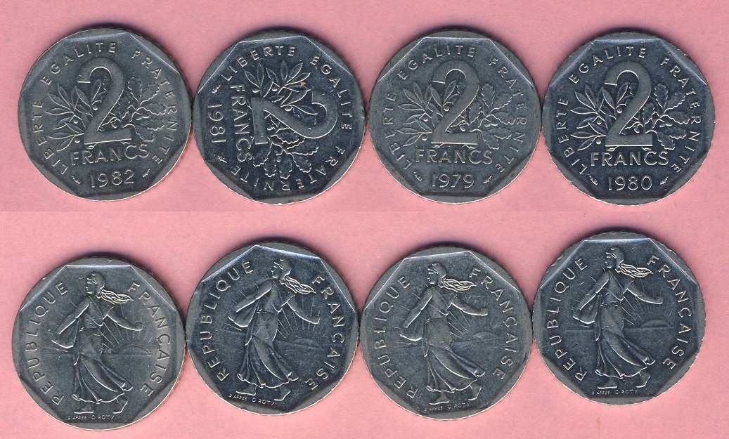 Frankreich 4x 2 Francs 1979,80,81,82.   