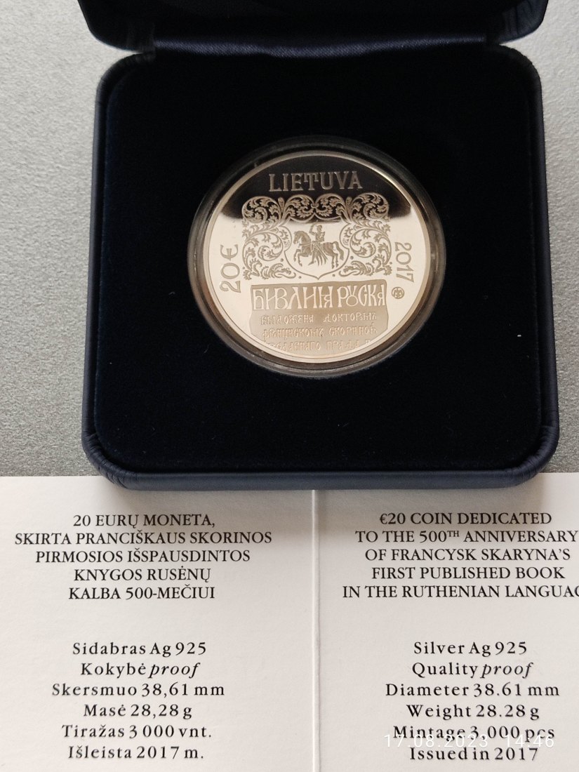  Litauen 20 Euro Silbermünze 2017 500 Jahre Bibelbuchdruck von Francysk Skaryna   
