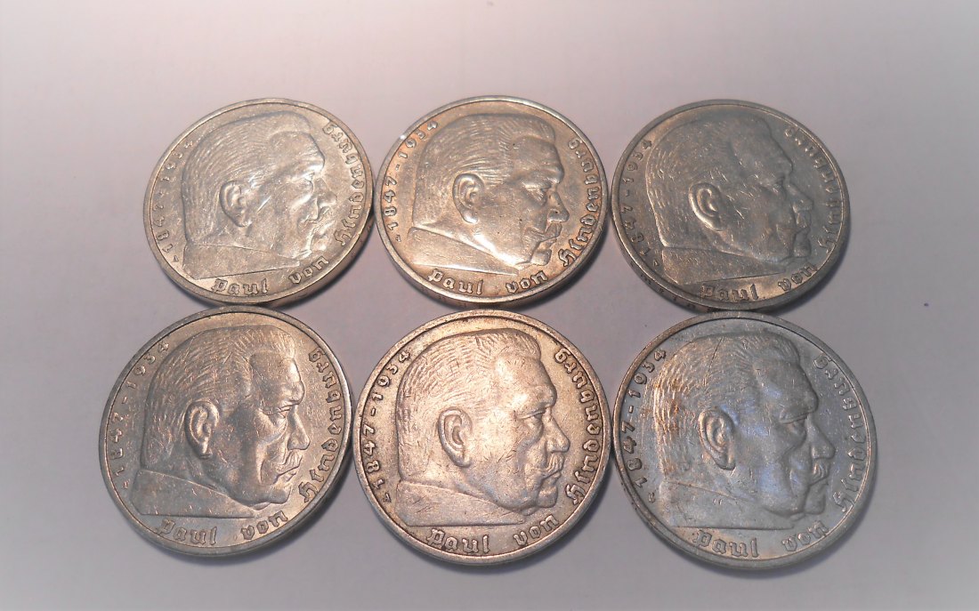  3°°°Drittes Reich Silber 6 Stck 5 Reichsmark 1936 Jä.360 Hindenburg ohne HK   