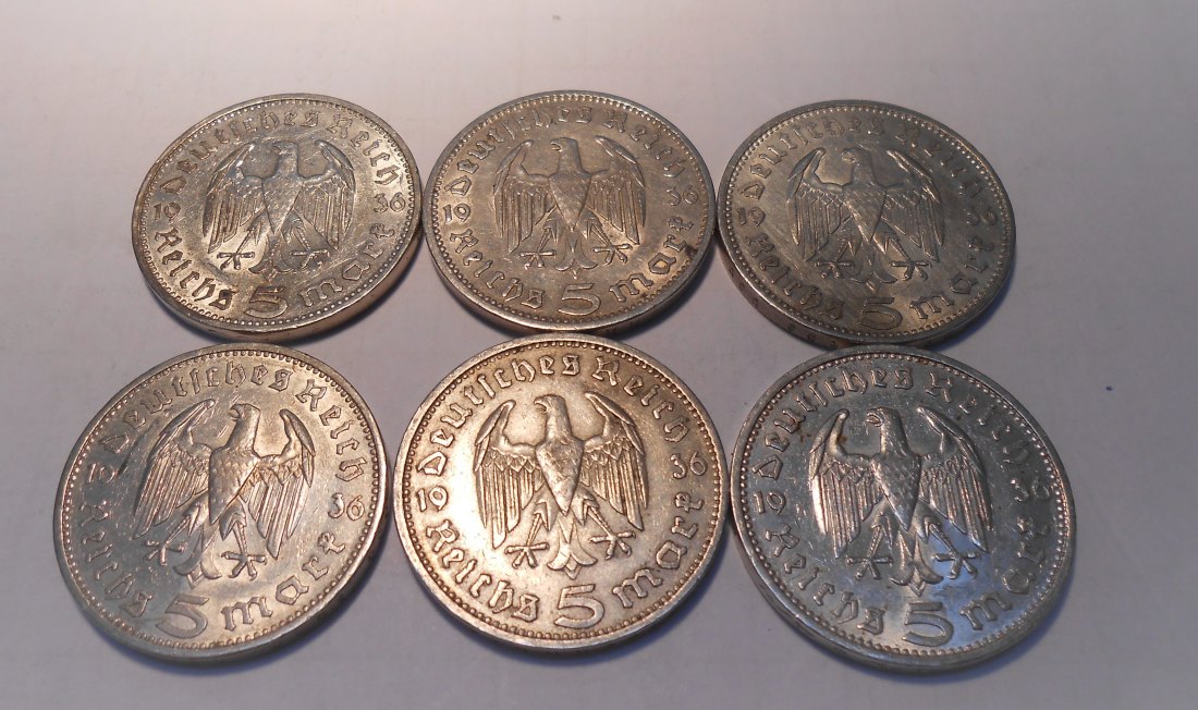  3°°°Drittes Reich Silber 6 Stck 5 Reichsmark 1936 Jä.360 Hindenburg ohne HK   