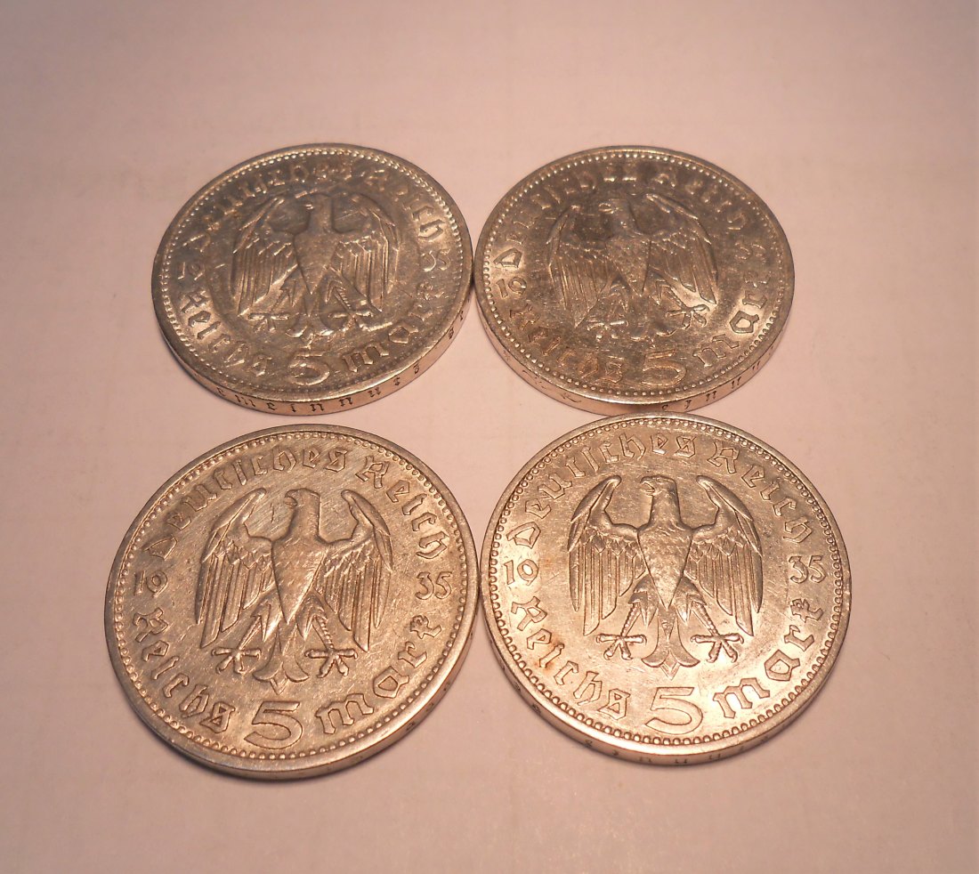  1°°°Drittes Reich Silber 4 Stck 5 Reichsmark 1935 Jä.360 Hindenburg ohne HK   