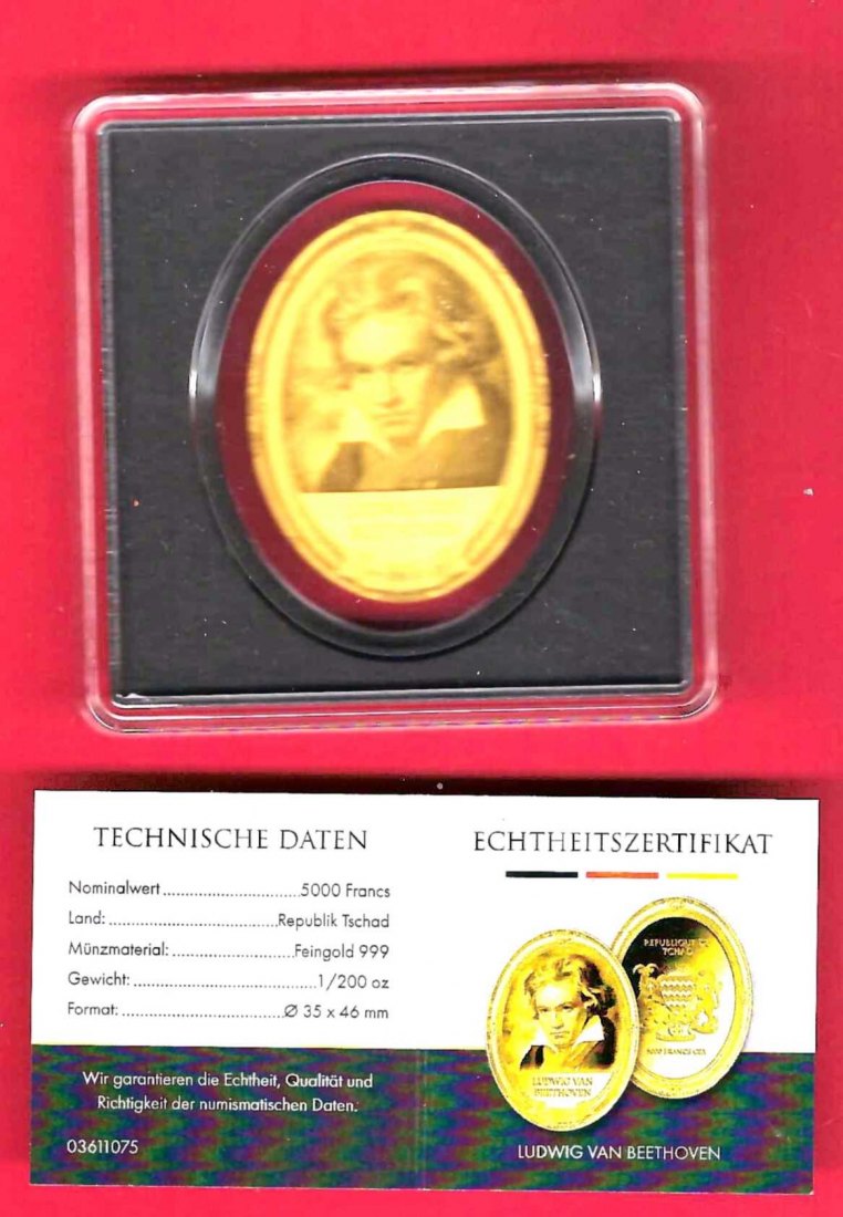  Republik Tschad 5000Francs van Beethoven 1/200oz Feingold Münzenankauf Frank Maurer Koblenz X575   