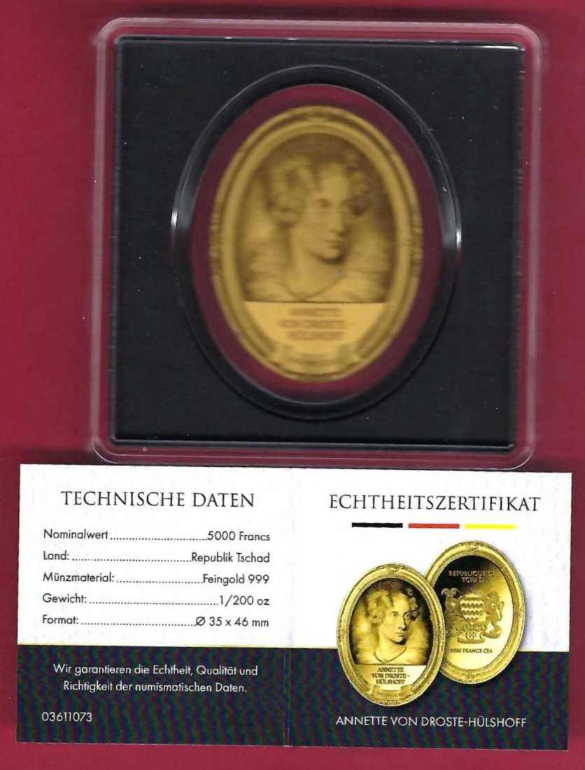  Republik Tschad 5000Francs Hülshoff 1/200oz Feingold Münzenankauf Frank Maurer Koblenz X577   