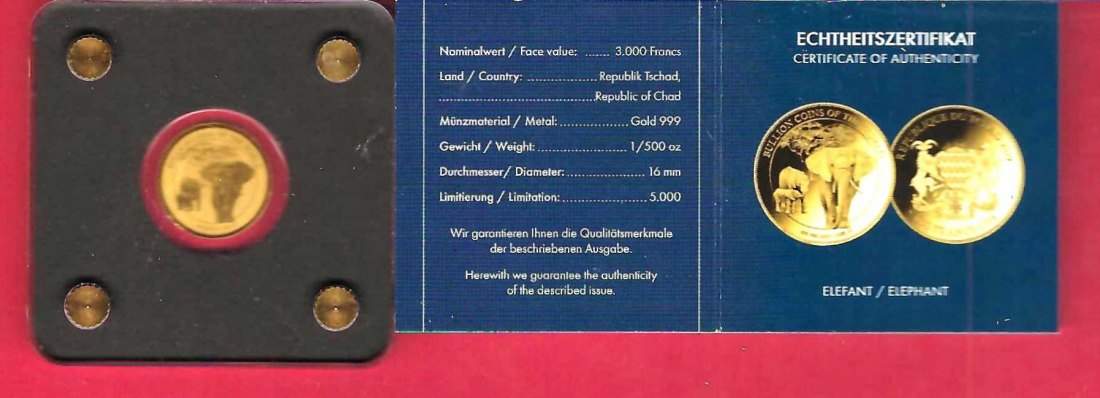  Bullion o.f.t.World Elefant 1/500 Oz Feingold Golden Gate Koblenz Frank Maurer X580   
