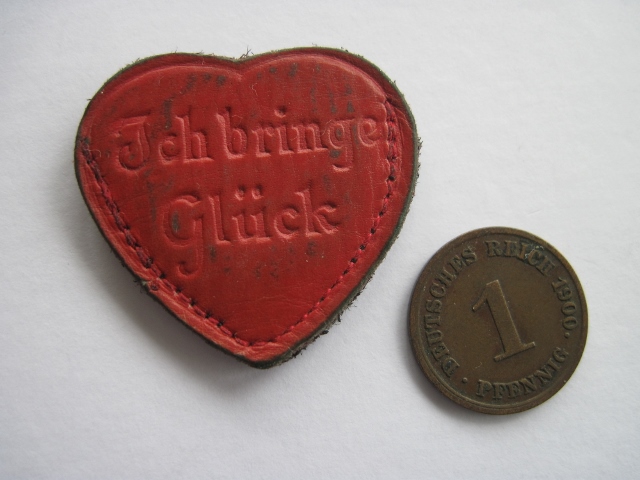 Antike Münze Deutschland, 1 Pfennig 1900 J, Glückspfennig im Lederherz, Fürth