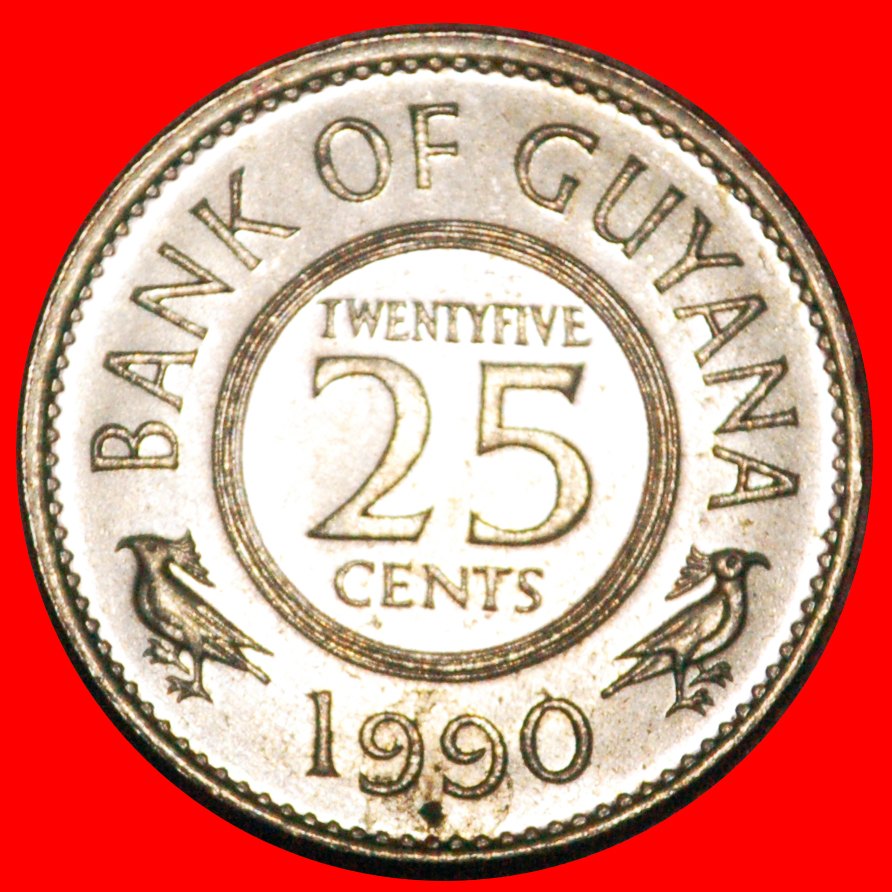 * GREAT BRITAIN (1967-1992): GUYANA ★ 25 CENTS 1990 MINT LUSTRE!★LOW START ★ NO RESERVE!
