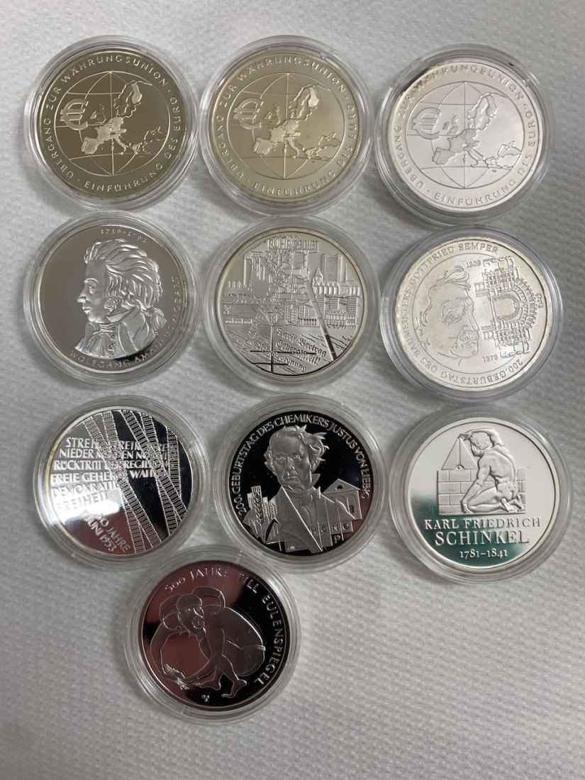 Sammlung BRD 10 € Gedenkmünzen in Silber 9 Münzen zu 18g 925er Silber sowie 1x 16g 625er
