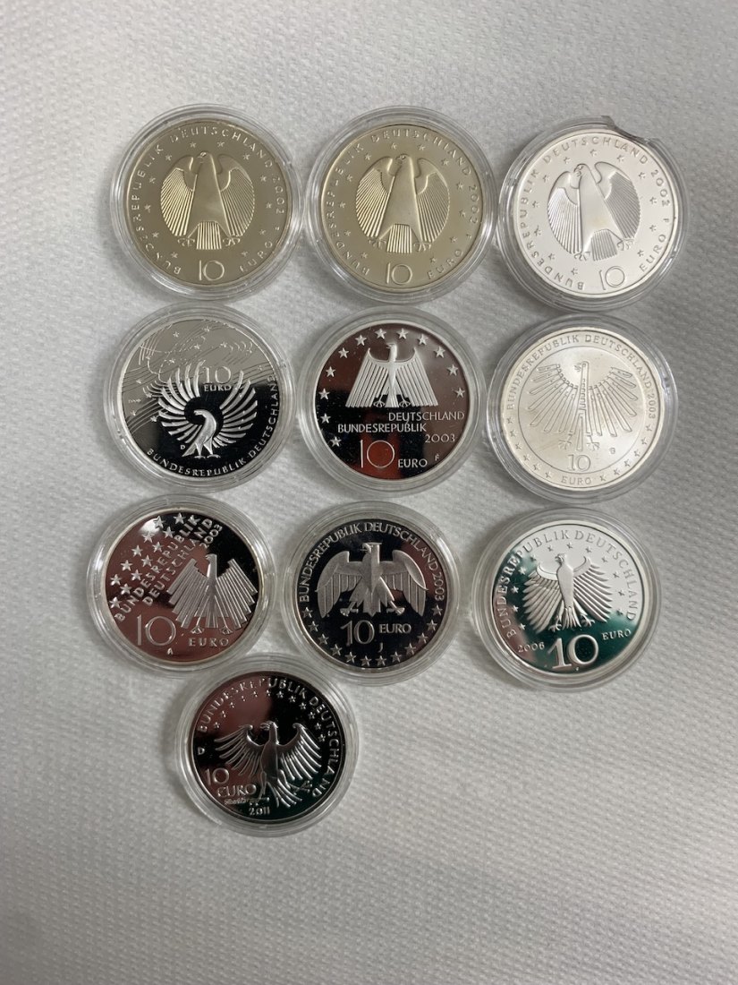  Sammlung BRD 10 € Gedenkmünzen in Silber 9 Münzen zu 18g 925er Silber sowie 1x 16g 625er   