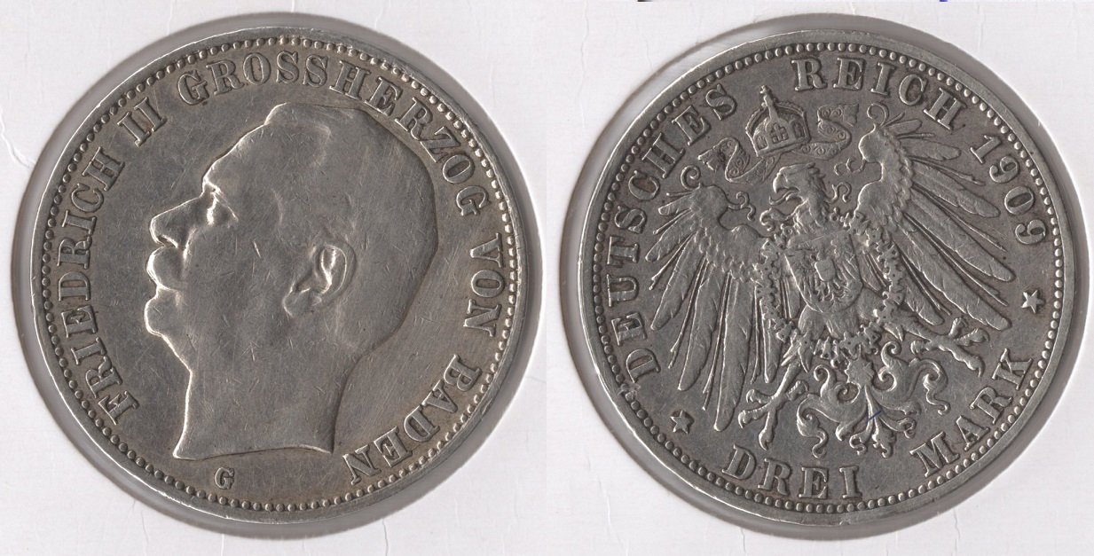  BADEN 3 Mark 1909 -G- (Silber) vorzüglich Friedrich II. (1907-1918) Jaeger 39.   