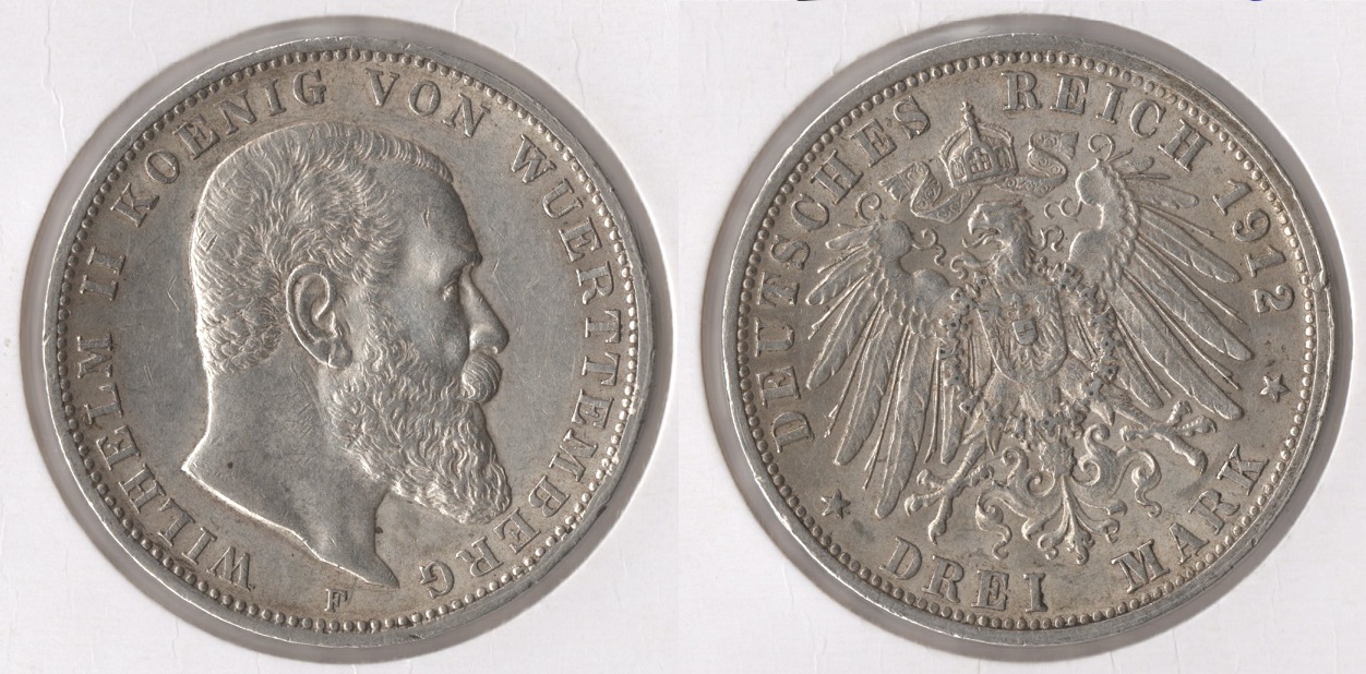  Württemberg 3 Mark 1912 -F- (Silber) vz Wilhelm II. (1891-1918) Jaeger 175.   