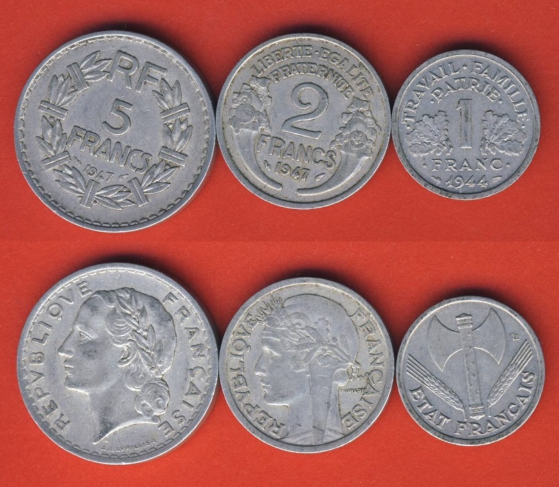  Frankreich 5 Francs 1947, 2 Francs 1947 + 1 Franc 1944   