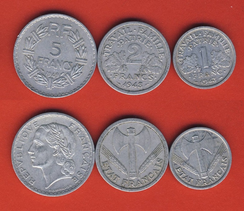  Frankreich 5 Francs 1949, 2 Francs 1943 + 1 Franc 1943 (Lot 3)   