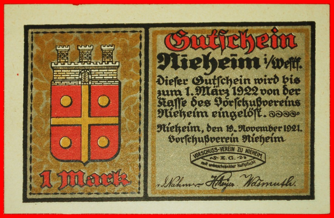  * WESTPHALIA: GERMANY NIEHEIM ★ 1 MARK 1921 CRISP! TO BE PUBLISHED!★LOW START ★ NO RESERVE!   