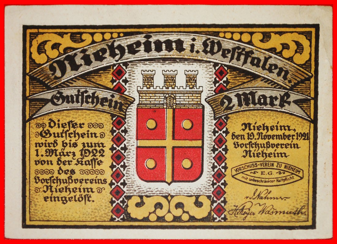  * WESTPHALIA: GERMANY NIEHEIM 1665★ 2 MARKS 1921 CRISP!★LOW START ★ NO RESERVE!   