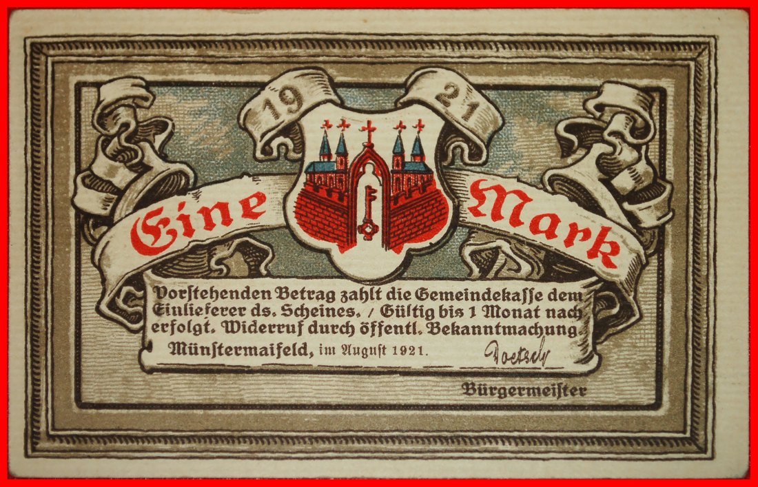  * RHINE: GERMANY MUENSTERMAIFELD ★ 1 MARK 1921 CRISP ELBERFELD!★LOW START ★ NO RESERVE!   