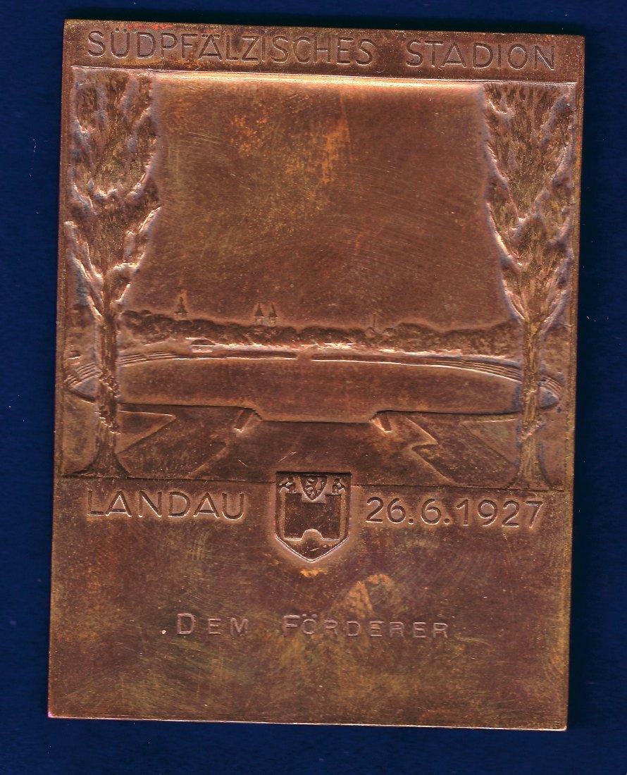  Landau in der Pfalz Plakette 1927 Einweihung Südpfälzisches Stadion Spendenmedaille dem Förderer   