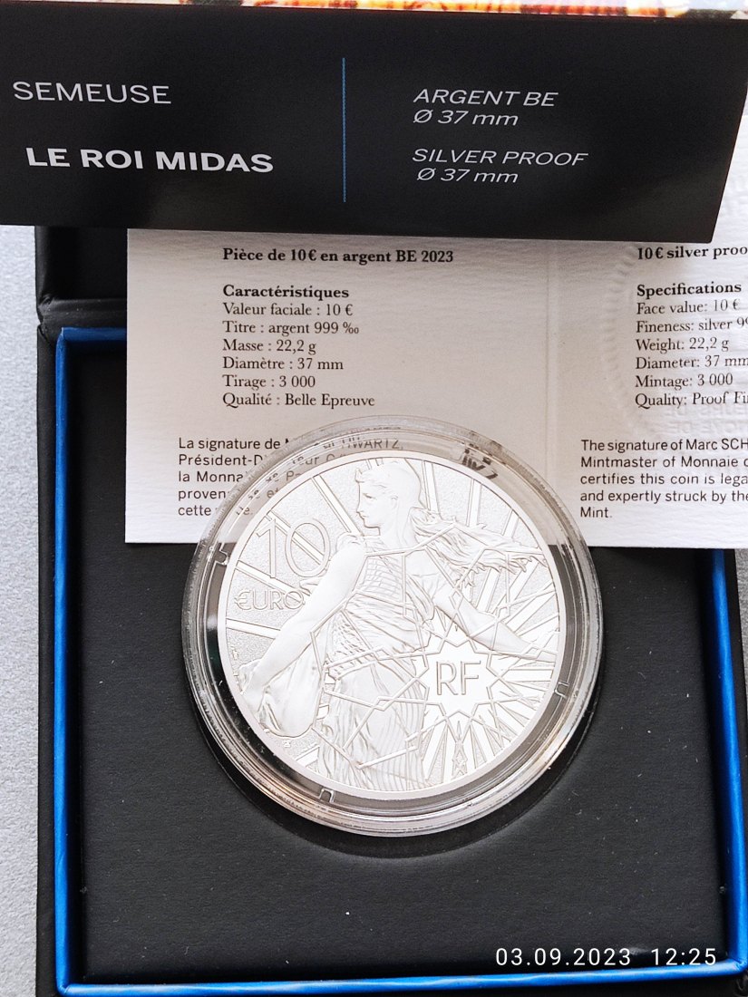  Frankreich 10 Euro Silber 2023 BE proof König Midas - Semeuse, Auflage 3.000   