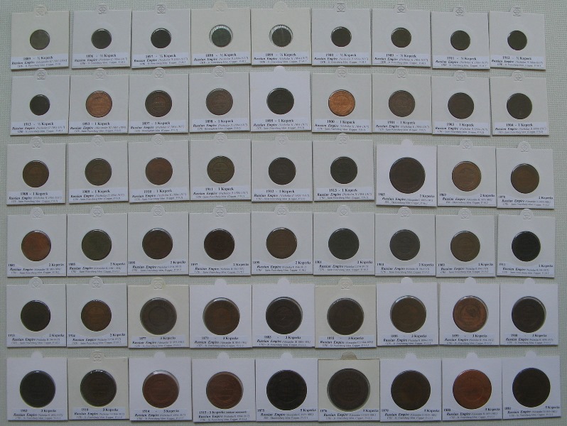  1865-1914, Russian Empire, a set of 56 old coins:½+1+2+3+5 Kopecks   