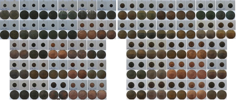  1865-1914, Russisches Reich,½+1+2+3+5 Kopeken, ein Satz von 56 alten Münzen   