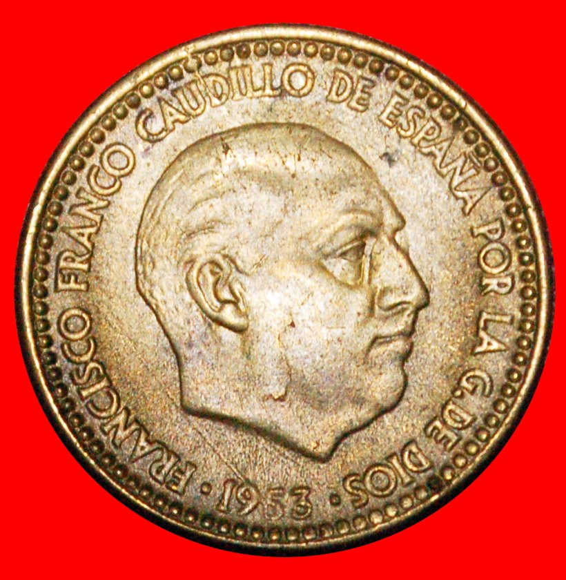  * GENERALISSIMO FRANCO (1947-1975): SPAIN★ 1 PESETA 1956 (1953) MINT LUSTRE★LOW START ★ NO RESERVE!   