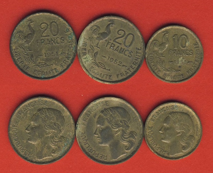  Frankreich 20 Francs 1951, 20 Francs 1952  + 10 Franc 1951 B (Lot 8)   